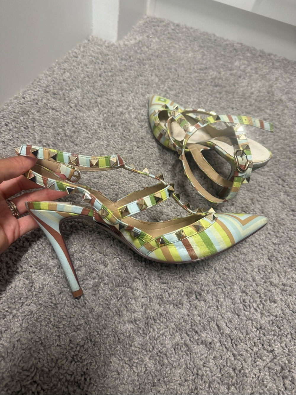 Valentino Multicolor Pastel Striped Studded Slingback Heels